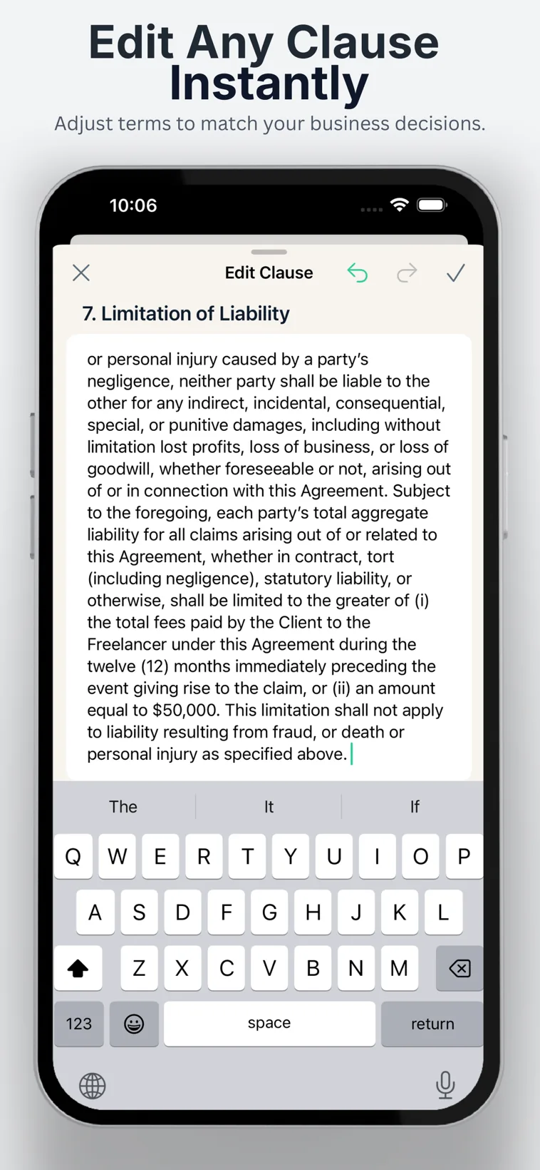 Clause editing screen in ClauseMint