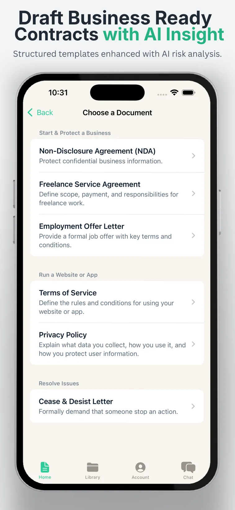 ClauseMint agreement templates on iPhone